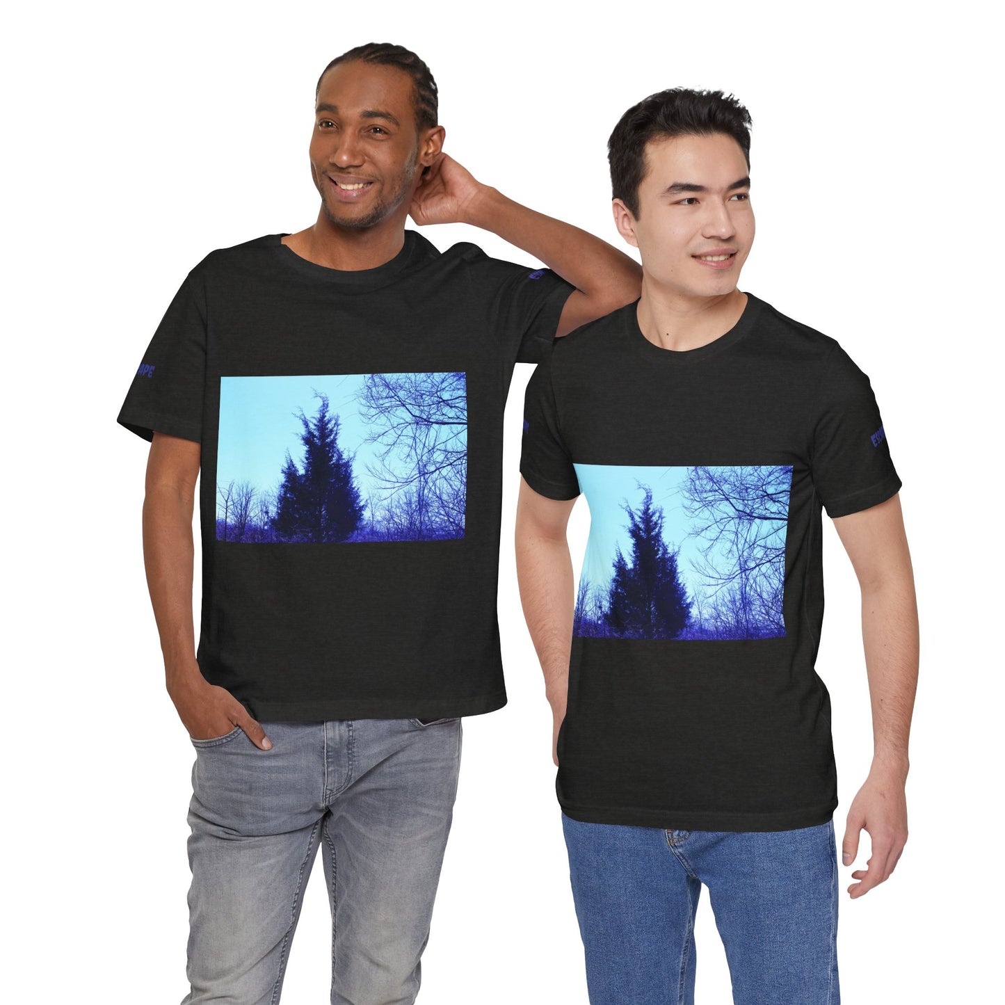 Skyline Pines Photo Tee — Serene Blue Nature Graphic T-Shirt