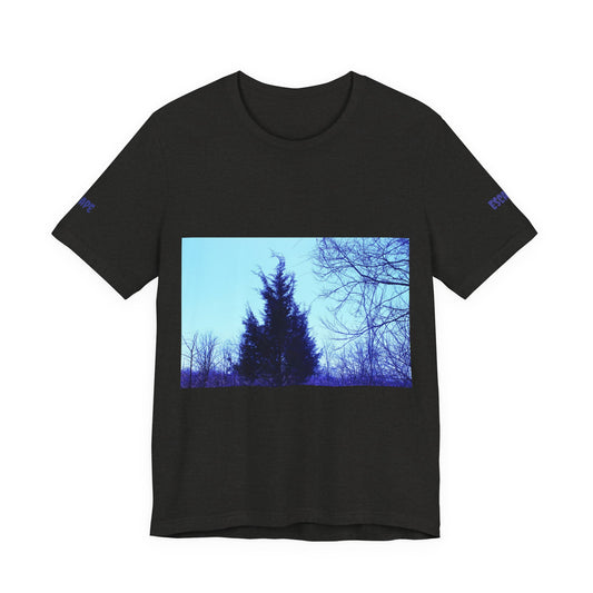 Skyline Pines Photo Tee — Serene Blue Nature Graphic T-Shirt